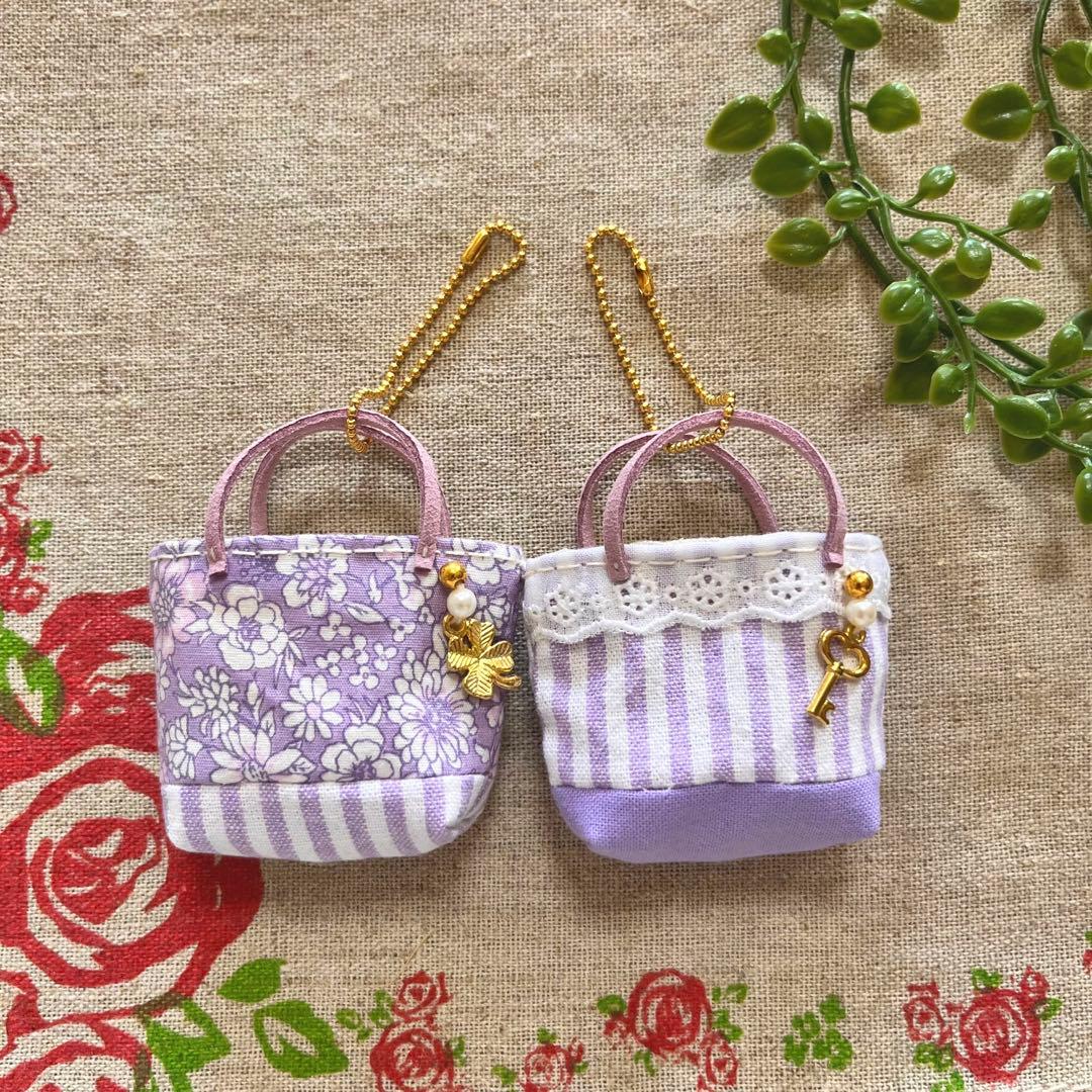 No.2212-6 ミニチュアトートサシェ（香り袋）2個組 藤紫 小花ストライプ