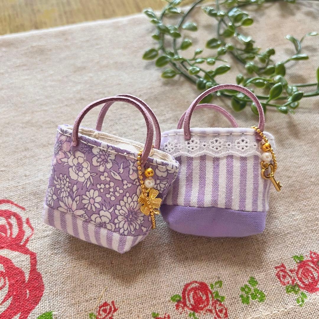 No.2212-6 ミニチュアトートサシェ（香り袋）2個組 藤紫 小花ストライプ
