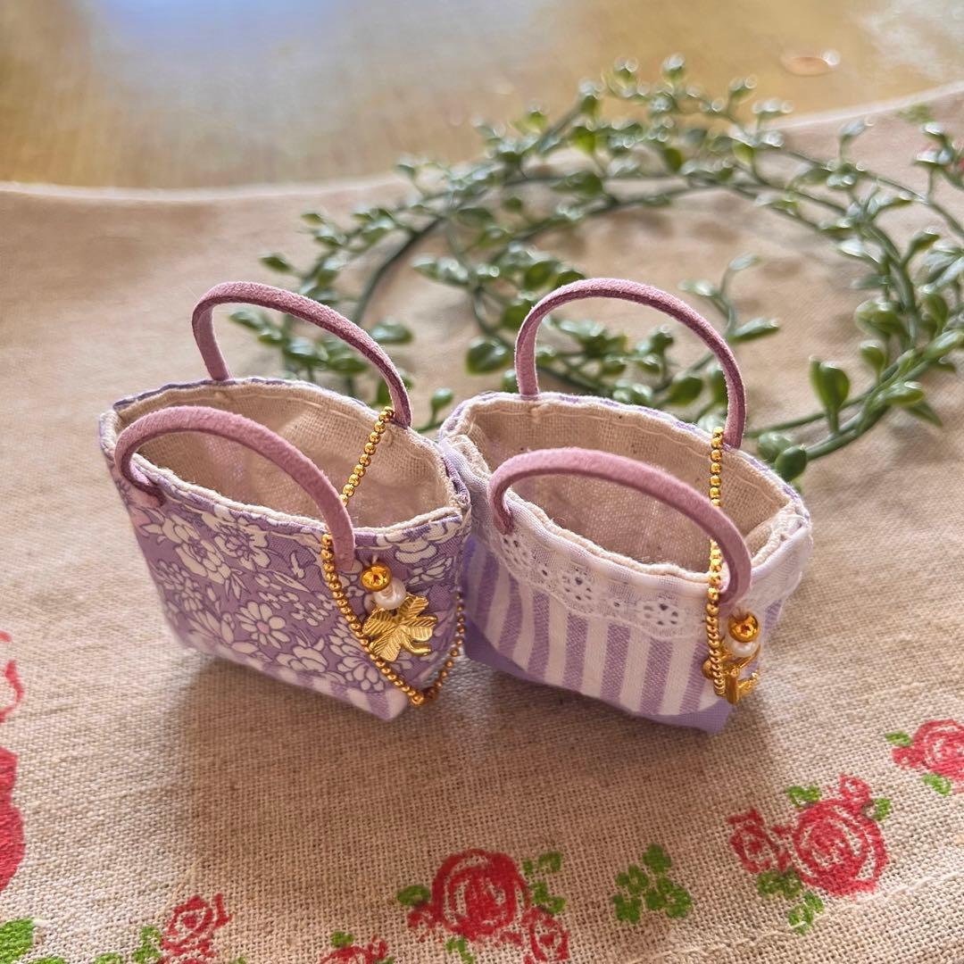 No.2212-6 ミニチュアトートサシェ（香り袋）2個組 藤紫 小花ストライプ