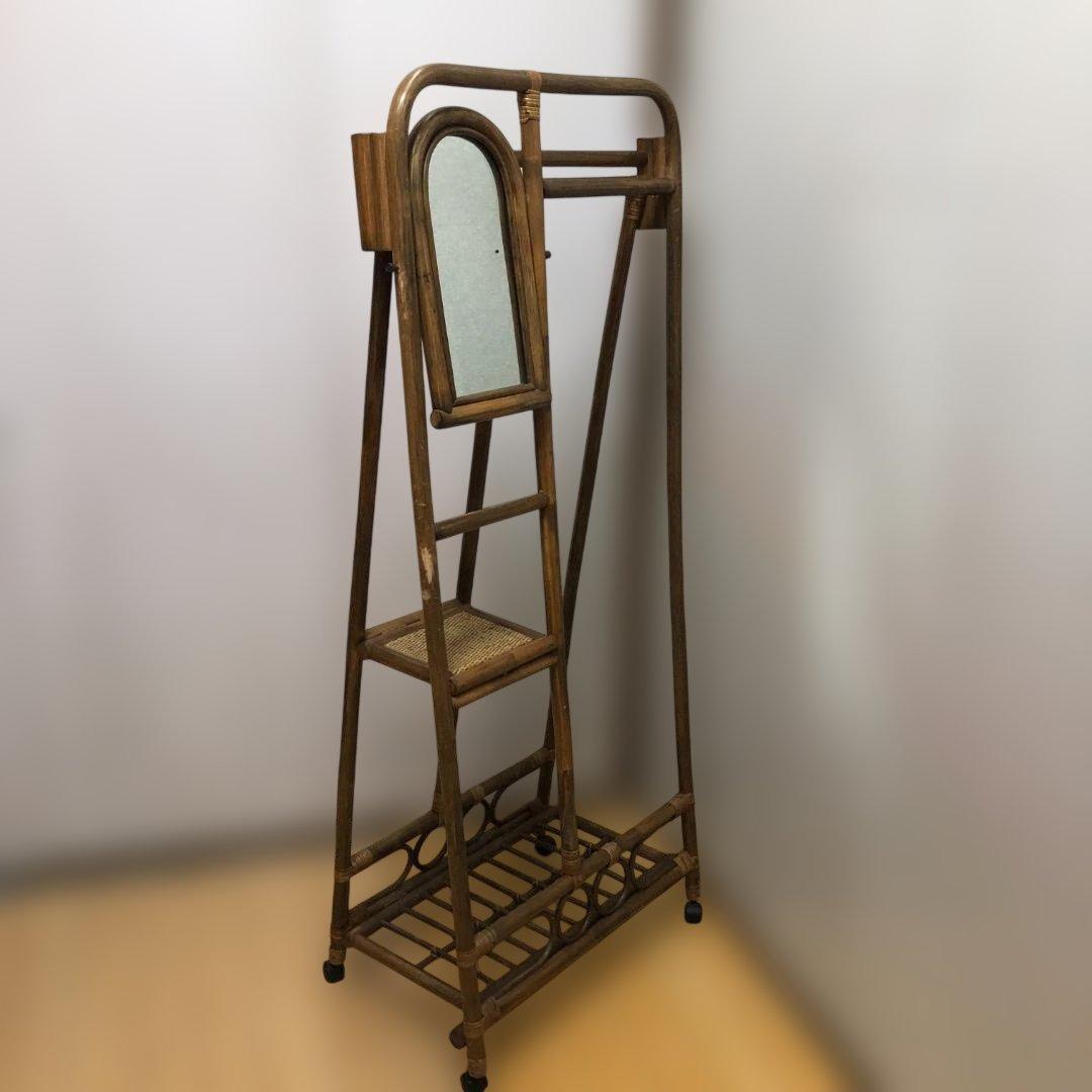 ラタン 籐製 ミラー付き ハンガーラック レトロ ヴィンテージ　260128-1