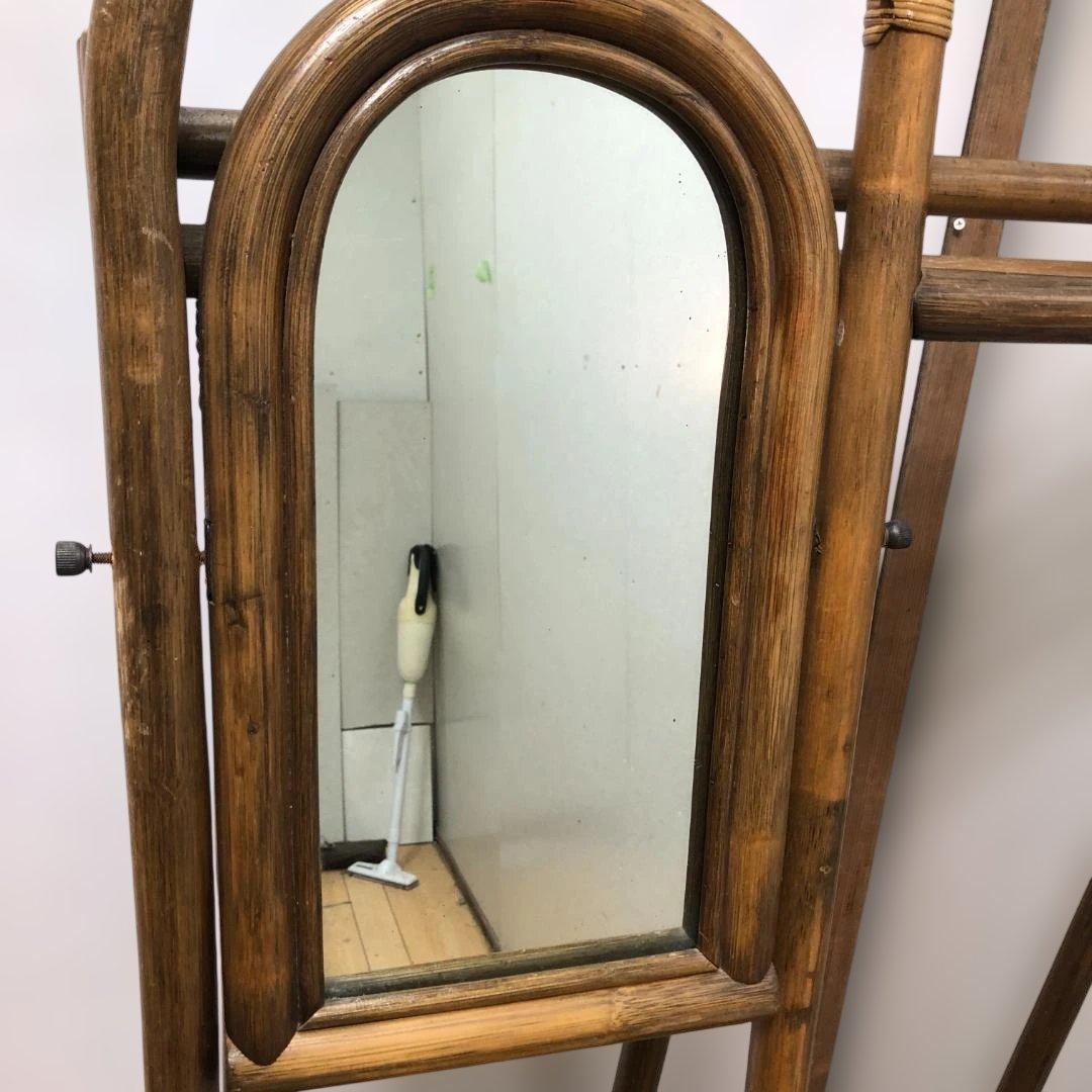 ラタン 籐製 ミラー付き ハンガーラック レトロ ヴィンテージ　260128-1