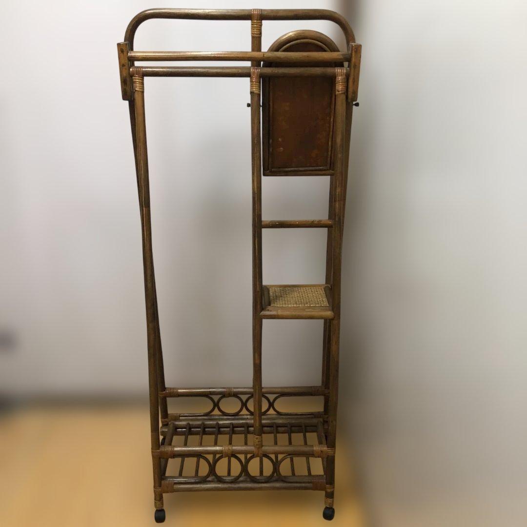 ラタン 籐製 ミラー付き ハンガーラック レトロ ヴィンテージ　260128-1