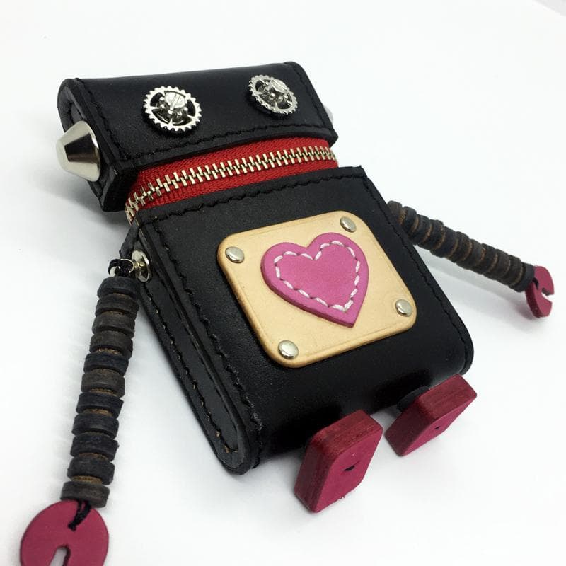 【本革】ロボット ミニレザーポーチ 小物入れ ブラック レッド ハンドメイド