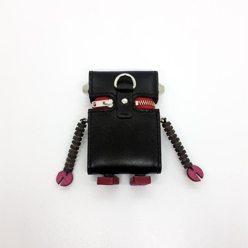 【本革】ロボット ミニレザーポーチ 小物入れ ブラック レッド ハンドメイド