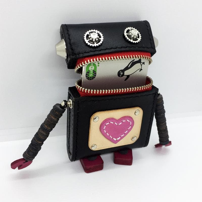 【本革】ロボット ミニレザーポーチ 小物入れ ブラック レッド ハンドメイド