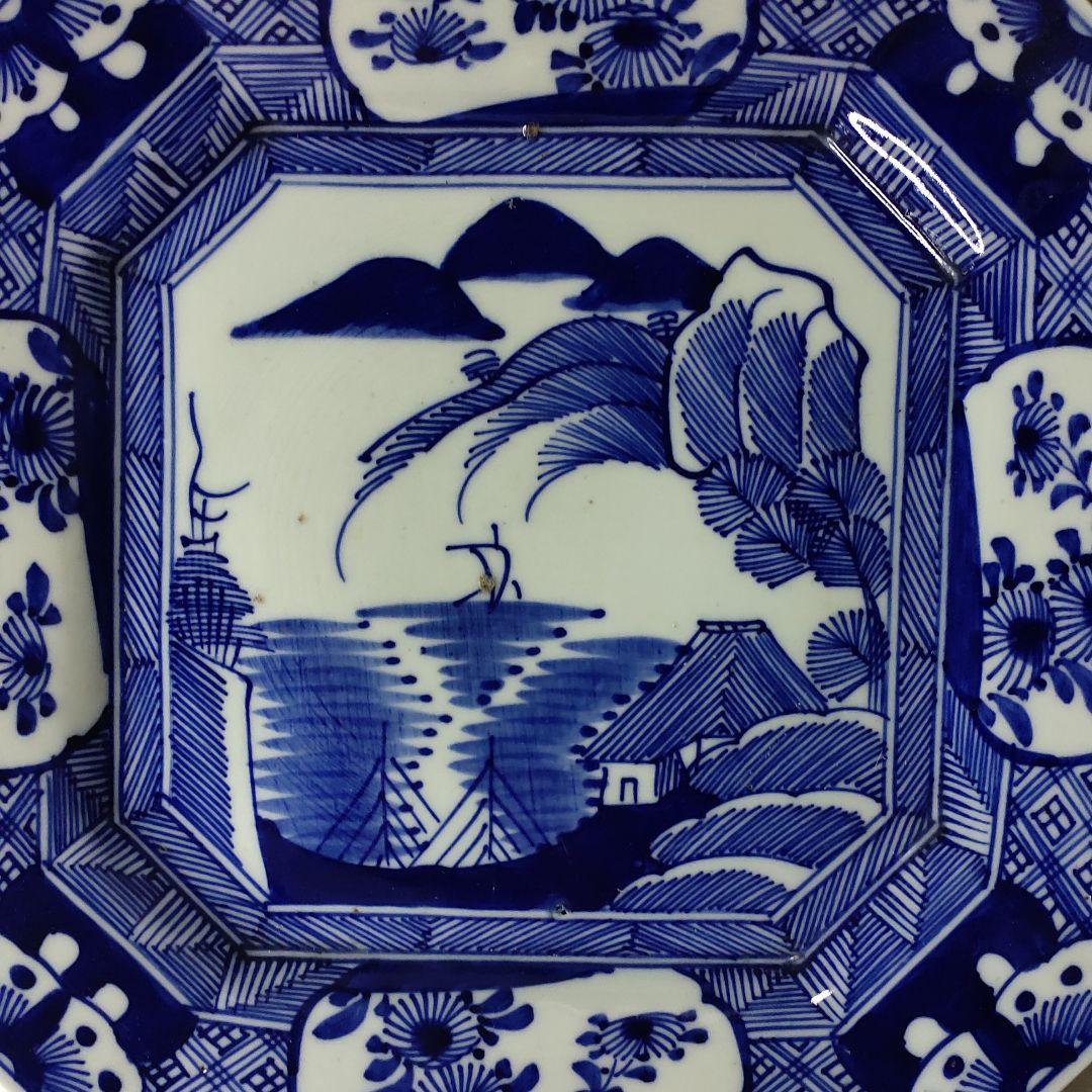 古伊万里焼 染付け 角皿 山水図 手作り 在銘 置物 旧家蔵出 コレクター