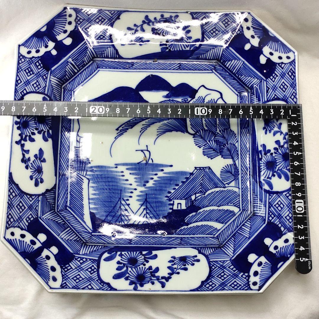 古伊万里焼 染付け 角皿 山水図 手作り 在銘 置物 旧家蔵出 コレクター
