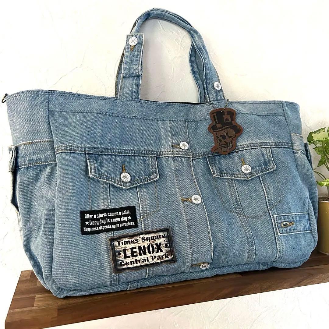 966.超特大‼️デニムリメイク トートバッグ　ジージャン　本革タグ