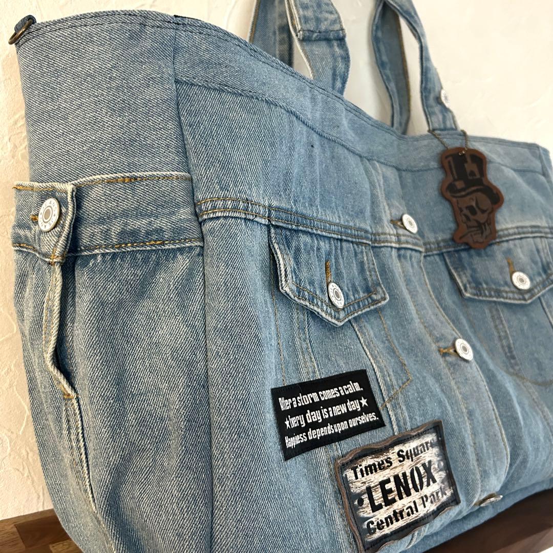 966.超特大‼️デニムリメイク トートバッグ　ジージャン　本革タグ