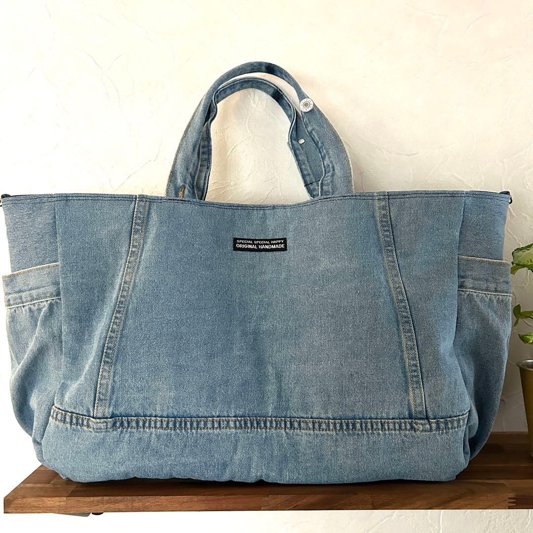 966.超特大‼️デニムリメイク トートバッグ　ジージャン　本革タグ