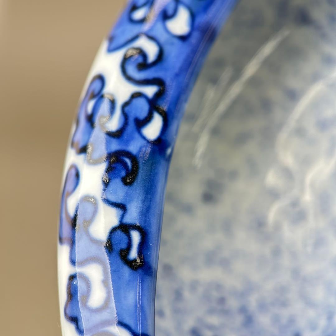 A059古染付 鰒盛付 淡幽造 五山窯 青白い陶器のボウル 木箱付き