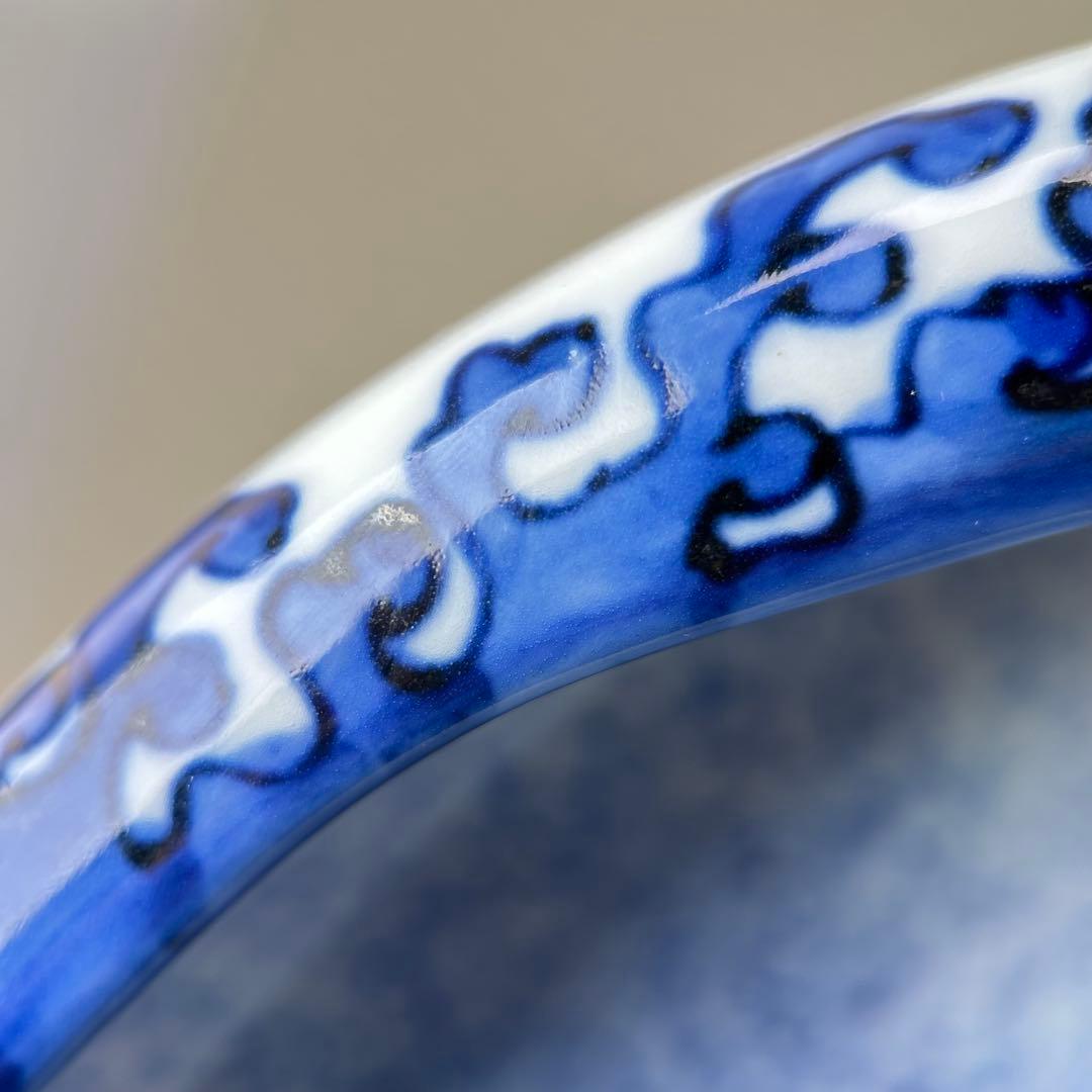 A059古染付 鰒盛付 淡幽造 五山窯 青白い陶器のボウル 木箱付き