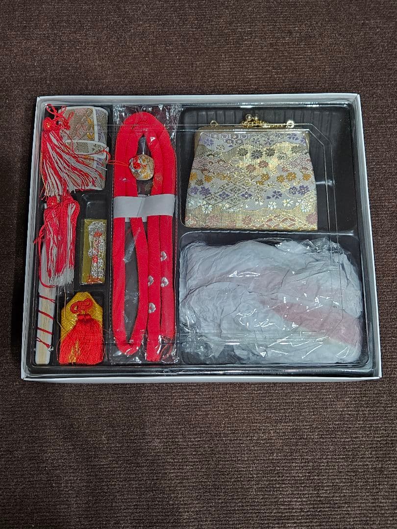美品 七五三 結び·はこせこセット 7歳 結び帯 作り帯 白/曇取り　七歳用