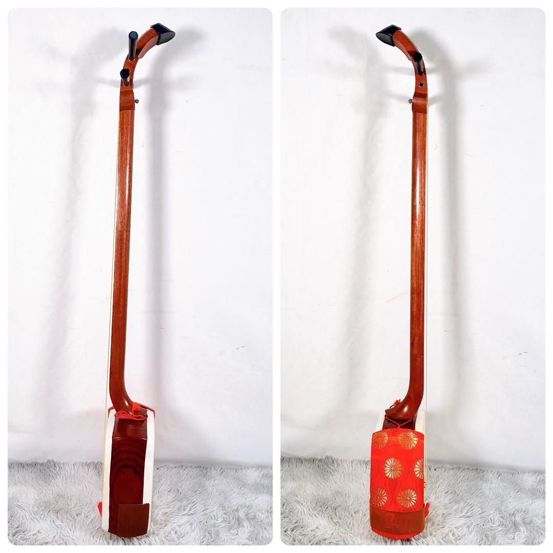 【希少】民謡三味線　中棹　花梨　正寸　3分割 丸打胴　皮やぶれなし　本皮