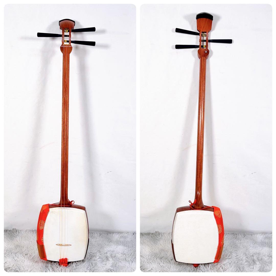 【希少】民謡三味線　中棹　花梨　正寸　3分割 丸打胴　皮やぶれなし　本皮