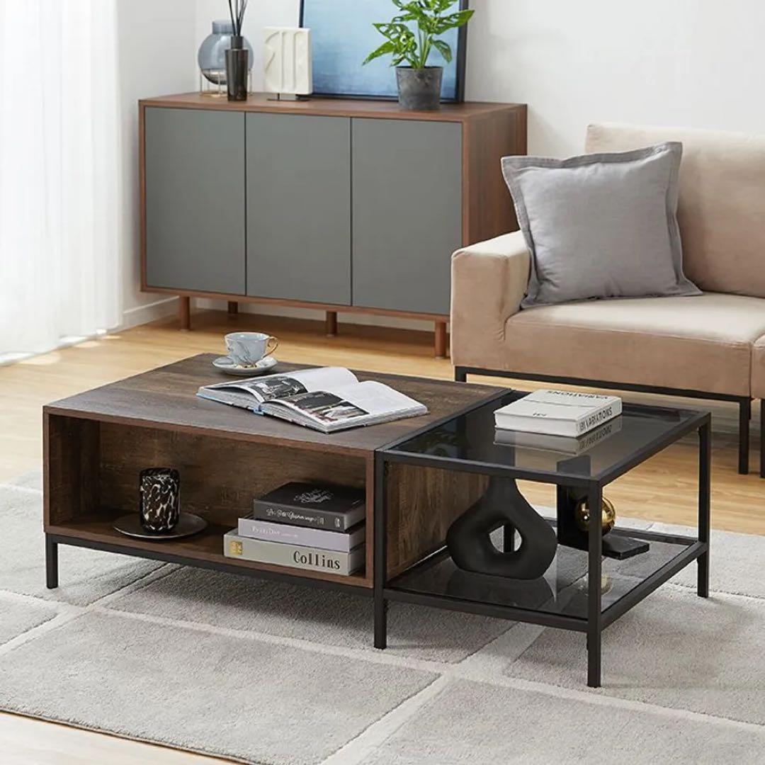 LOWYA ロウヤ 収納引き出し付きローテーブル 木目×ガラス 幅120cm