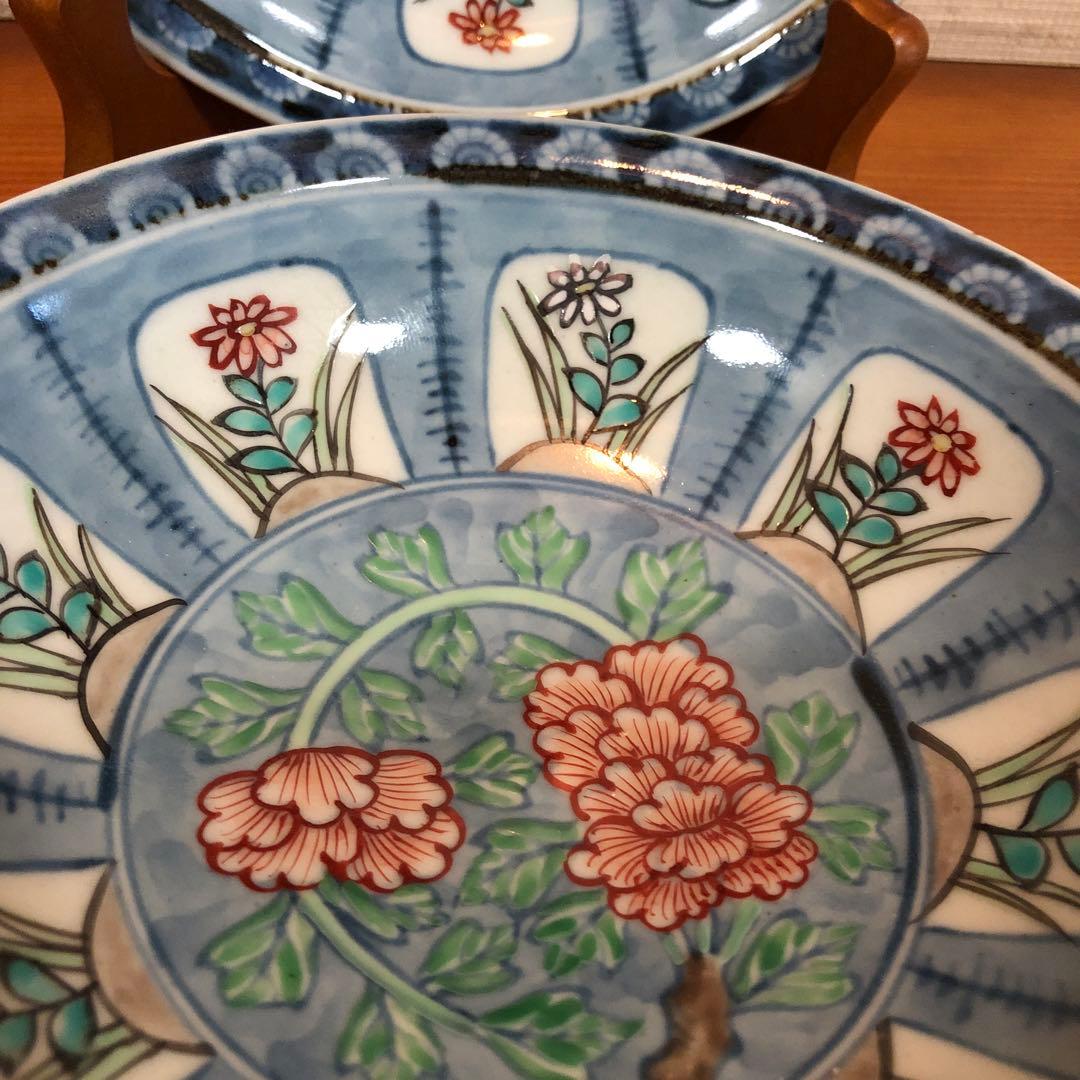 有田焼　六代走波　染錦 牡丹草花文 鉢二客