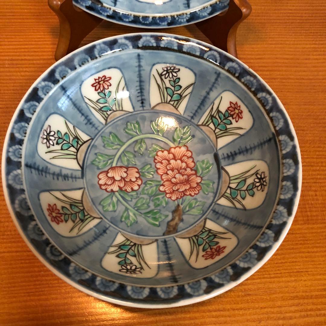 有田焼　六代走波　染錦 牡丹草花文 鉢二客