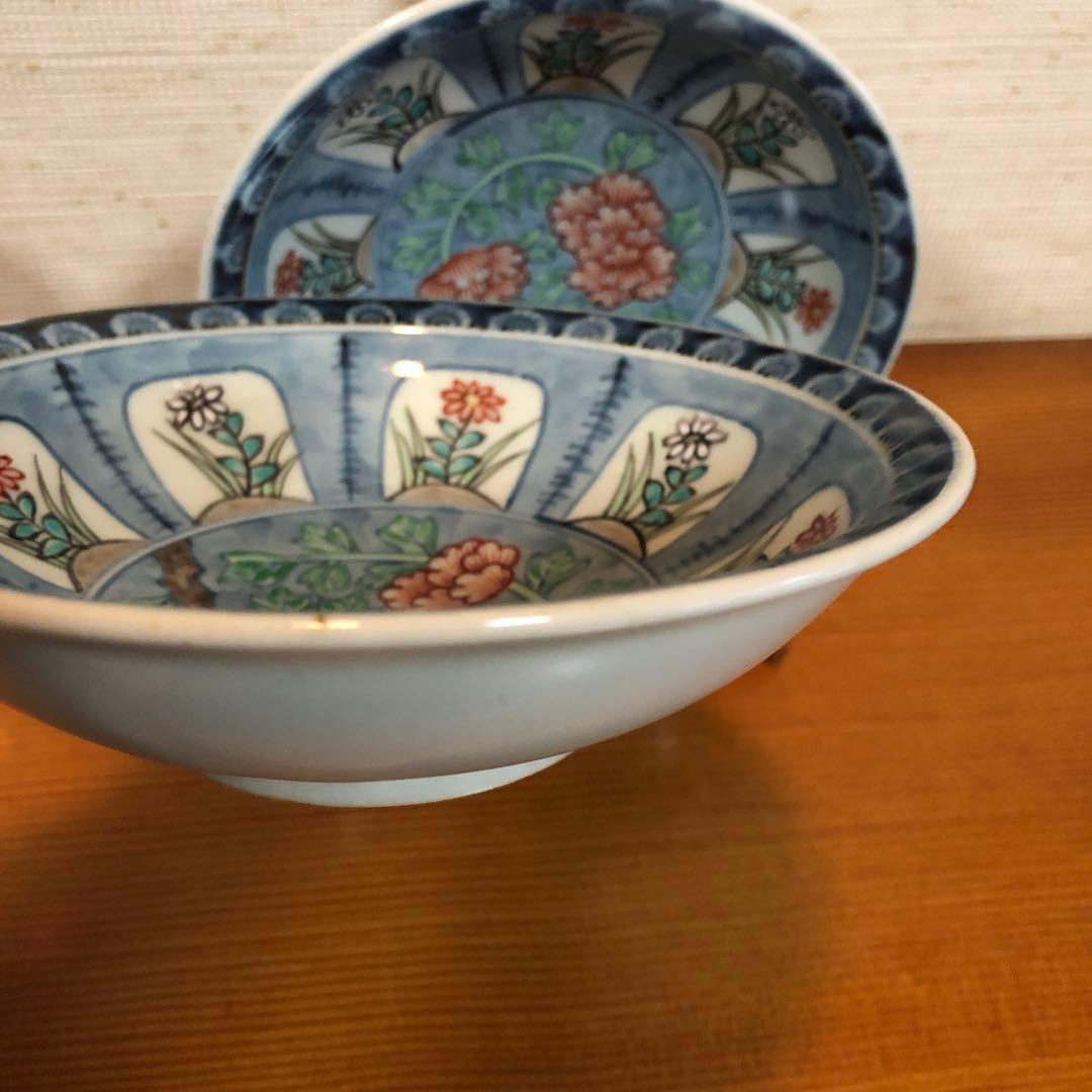 有田焼　六代走波　染錦 牡丹草花文 鉢二客