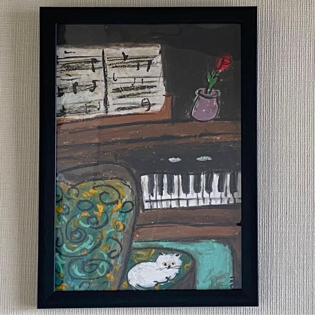 絵画。壁掛け原画【素敵なピアノ曲と椅子の上で寝たい猫】 ヴィンテージチェアの上の遊び心のある子猫のアート | 素朴な猫の