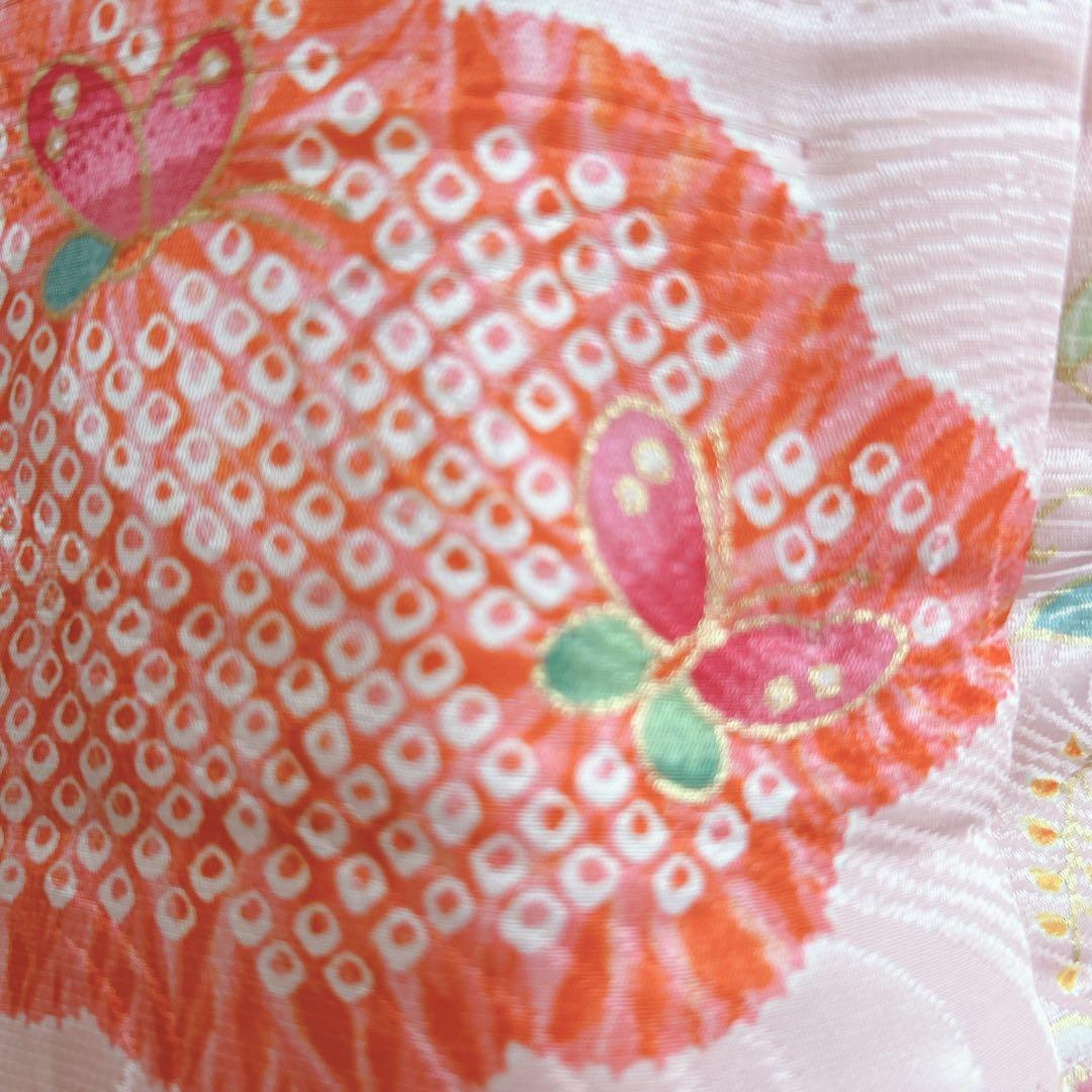 超美品　七五三３歳フルセット　ピンク×赤被布着物長襦袢草履巾着　蝶ききょう　化繊