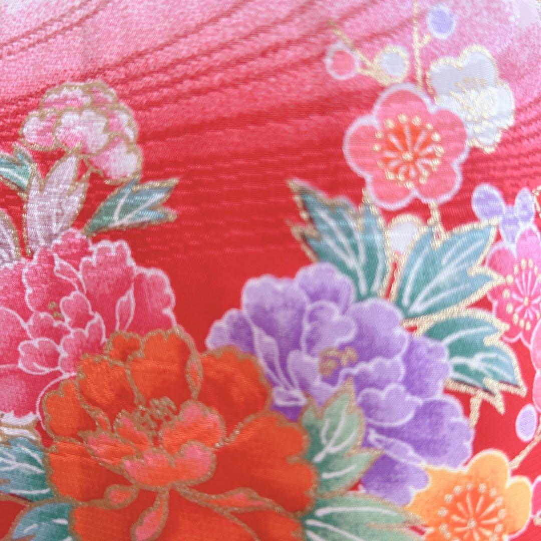 超美品　七五三３歳フルセット　ピンク×赤被布着物長襦袢草履巾着　蝶ききょう　化繊