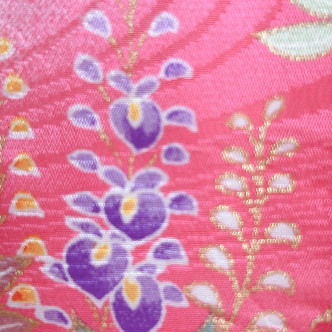 超美品　七五三３歳フルセット　ピンク×赤被布着物長襦袢草履巾着　蝶ききょう　化繊