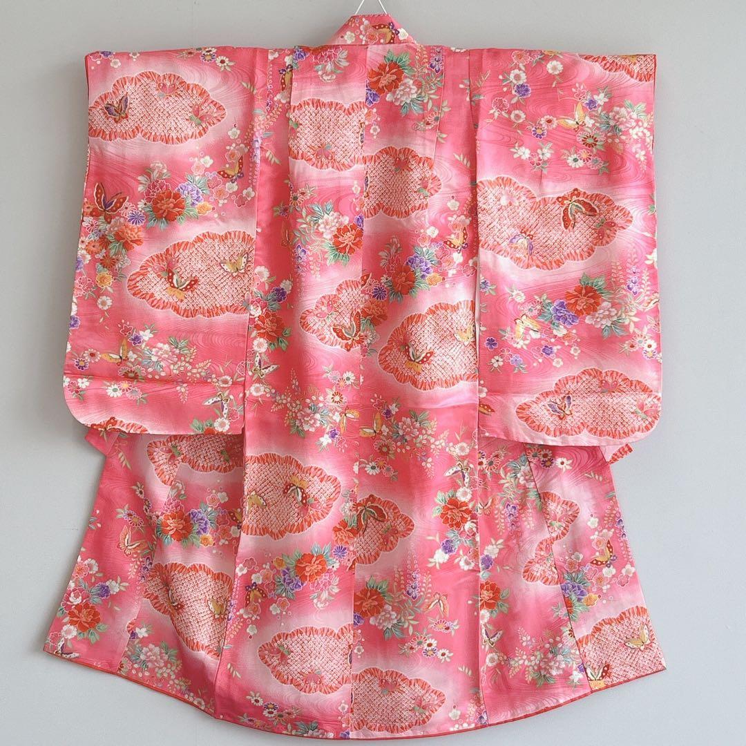 超美品　七五三３歳フルセット　ピンク×赤被布着物長襦袢草履巾着　蝶ききょう　化繊