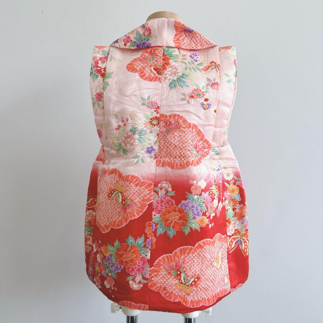 超美品　七五三３歳フルセット　ピンク×赤被布着物長襦袢草履巾着　蝶ききょう　化繊