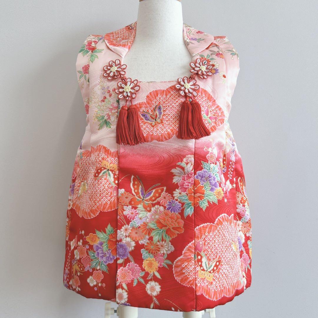 超美品　七五三３歳フルセット　ピンク×赤被布着物長襦袢草履巾着　蝶ききょう　化繊