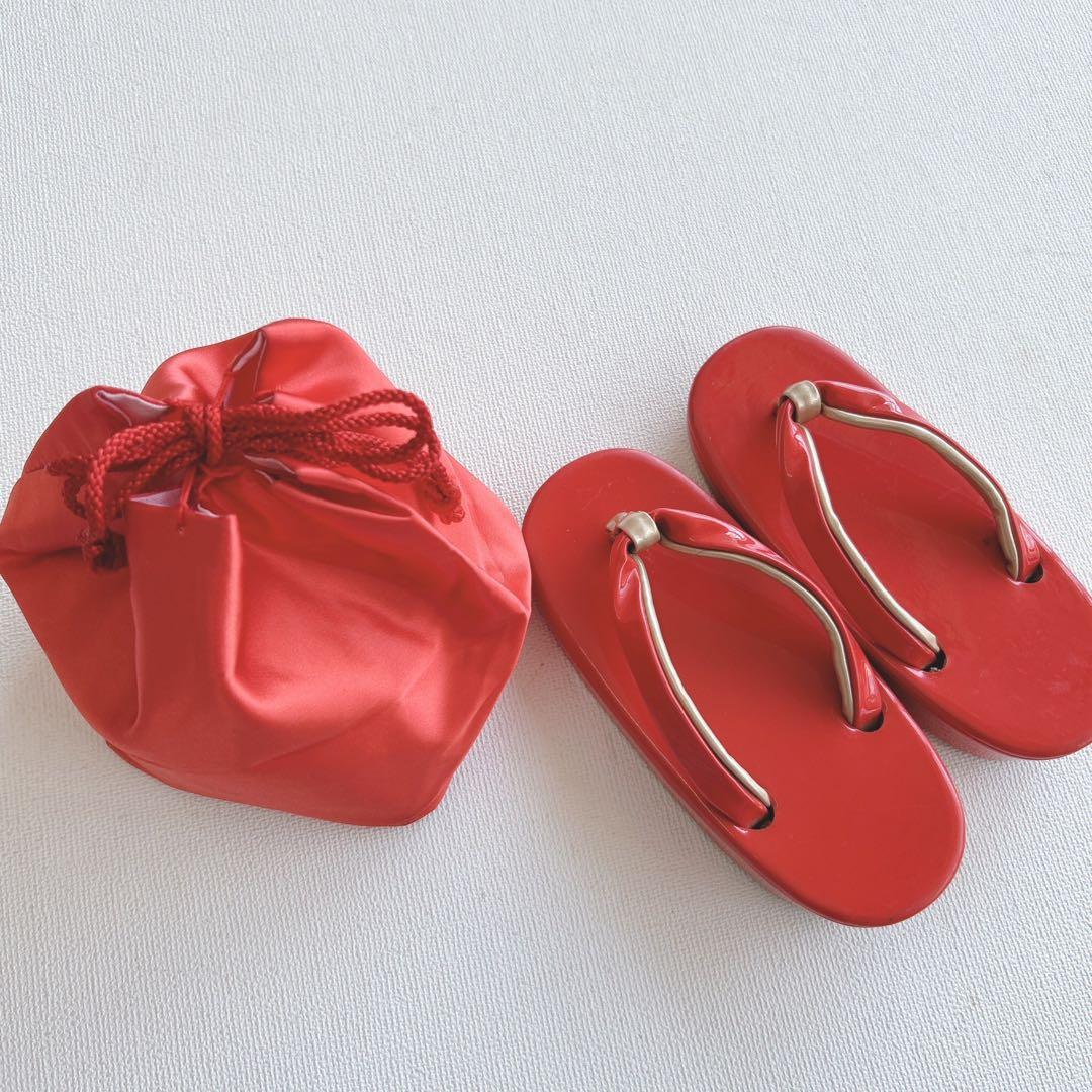 超美品　七五三３歳フルセット　ピンク×赤被布着物長襦袢草履巾着　蝶ききょう　化繊