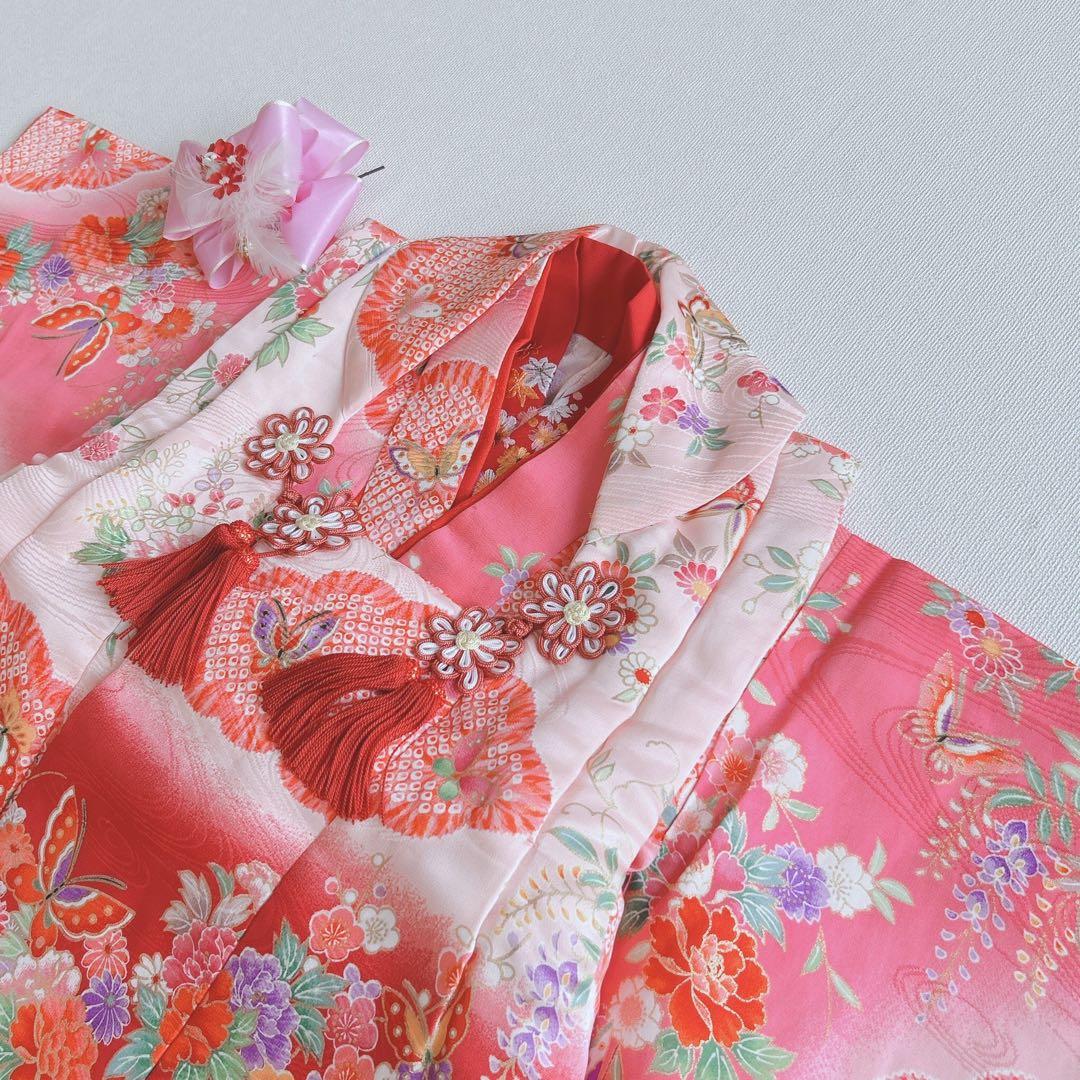 超美品　七五三３歳フルセット　ピンク×赤被布着物長襦袢草履巾着　蝶ききょう　化繊