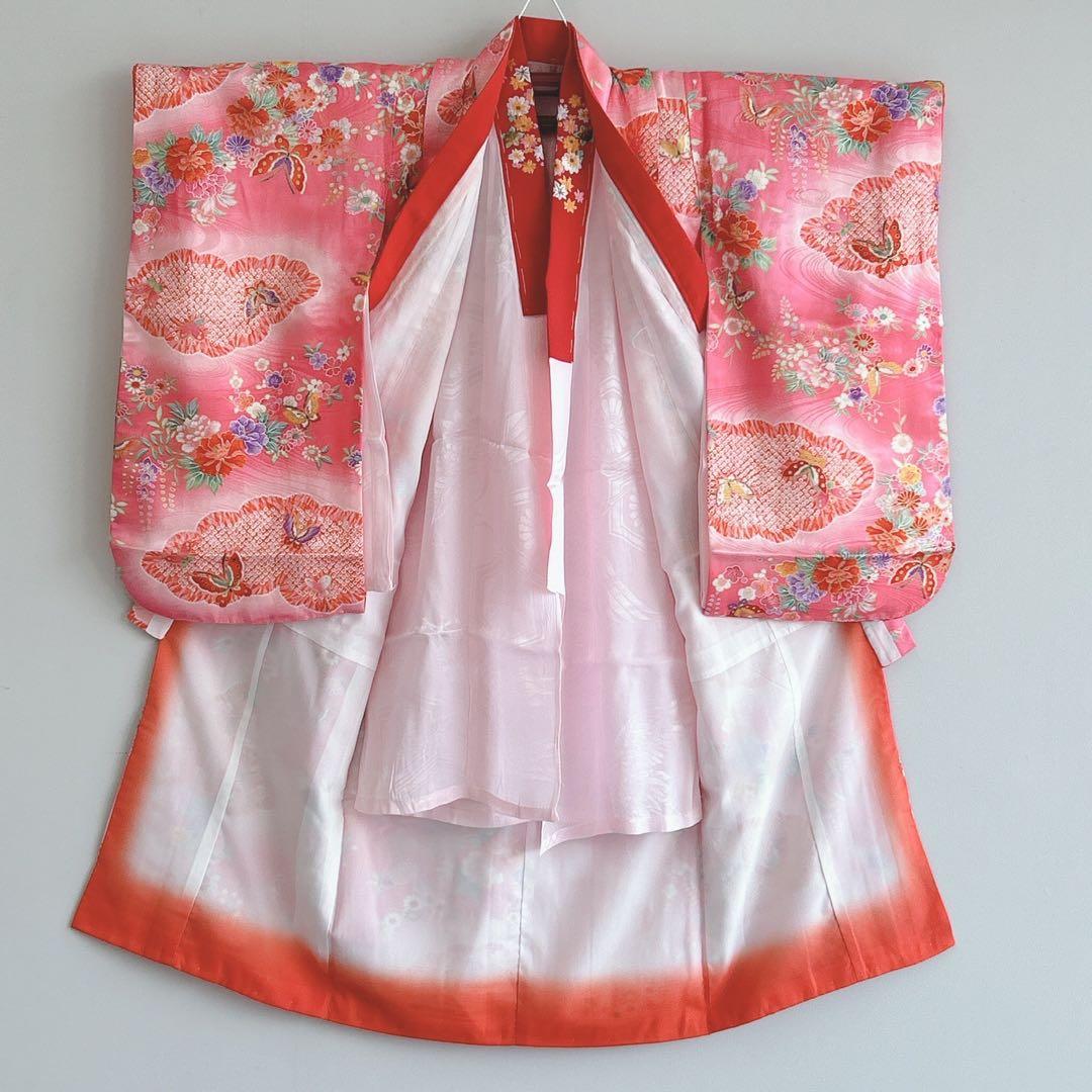 超美品　七五三３歳フルセット　ピンク×赤被布着物長襦袢草履巾着　蝶ききょう　化繊