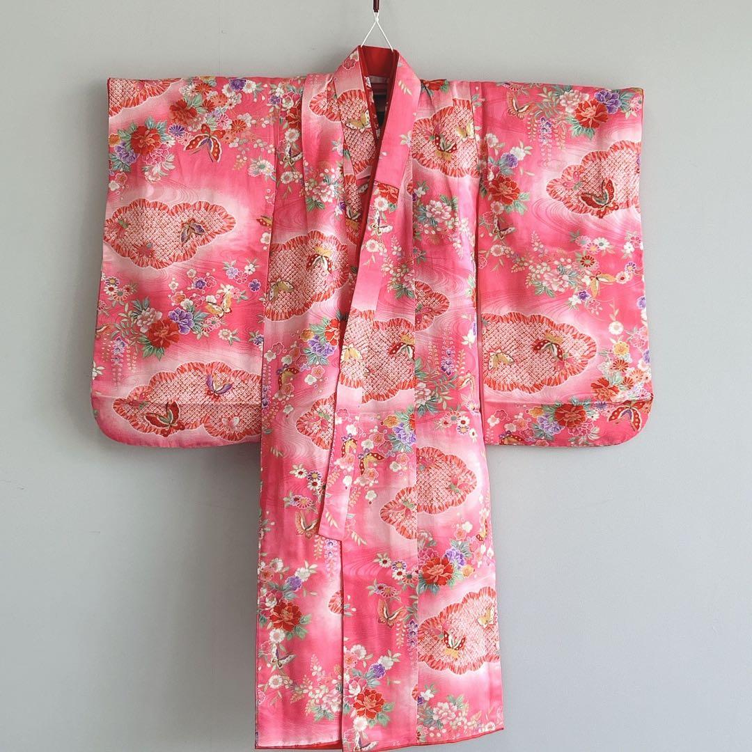 超美品　七五三３歳フルセット　ピンク×赤被布着物長襦袢草履巾着　蝶ききょう　化繊