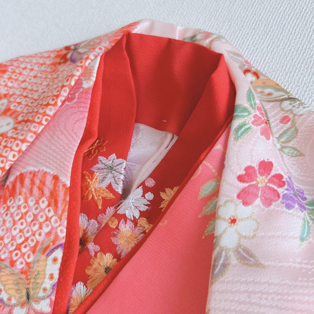 超美品　七五三３歳フルセット　ピンク×赤被布着物長襦袢草履巾着　蝶ききょう　化繊
