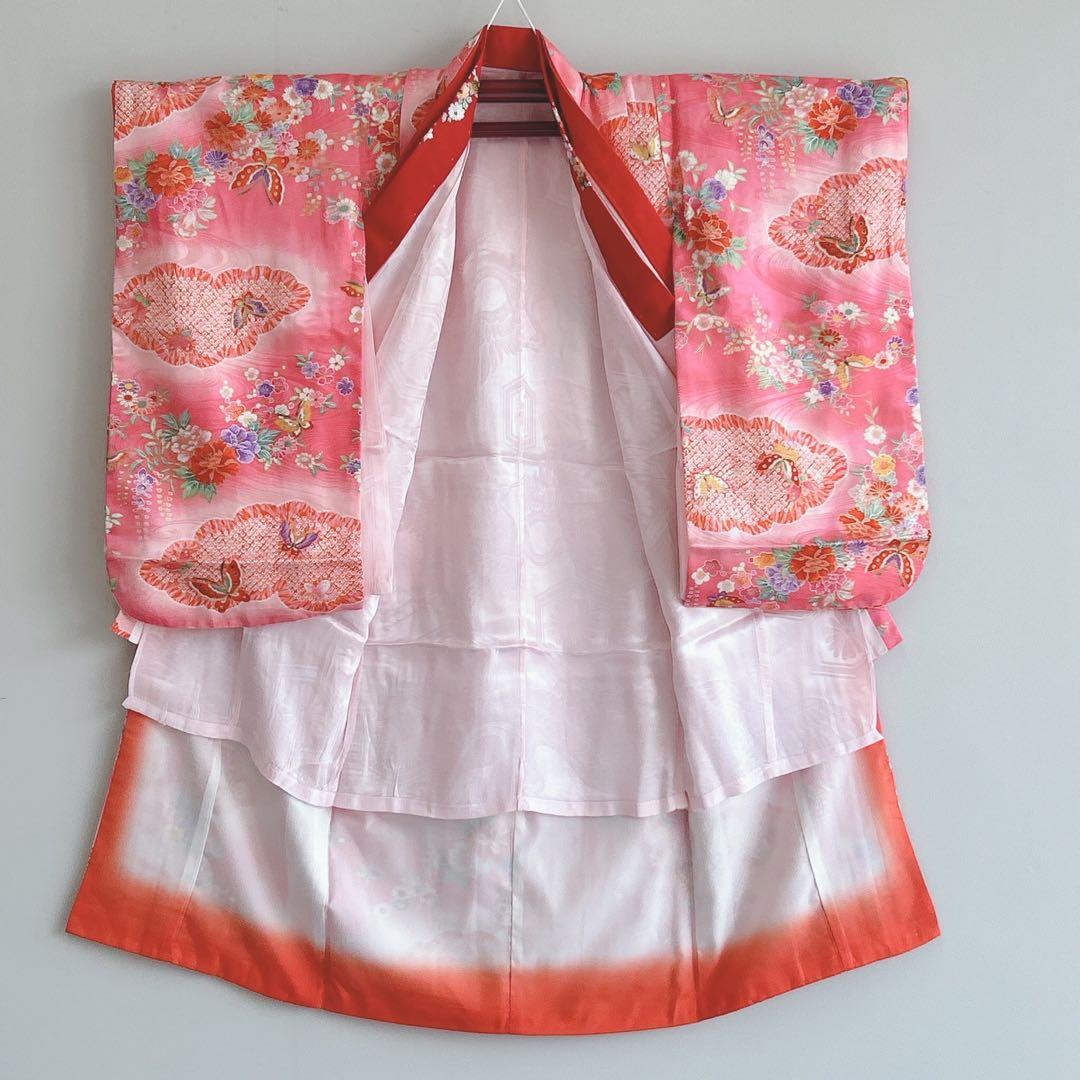超美品　七五三３歳フルセット　ピンク×赤被布着物長襦袢草履巾着　蝶ききょう　化繊