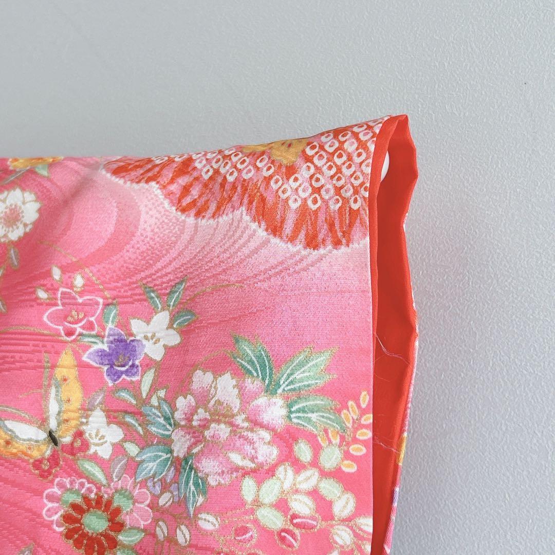 超美品　七五三３歳フルセット　ピンク×赤被布着物長襦袢草履巾着　蝶ききょう　化繊