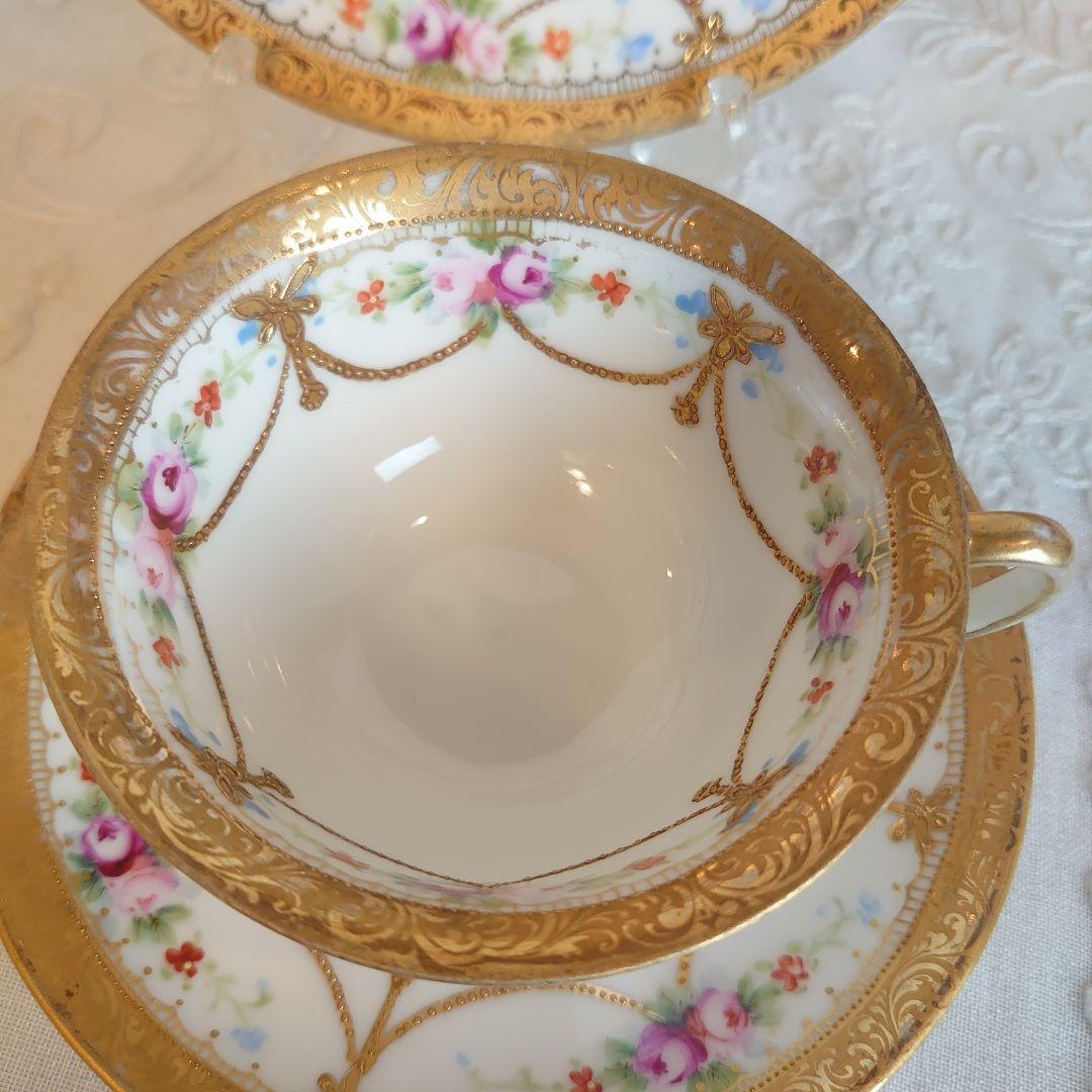 オールドノリタケ　金盛ガーランド薔薇絵図　カップ&ソーサートリオ　ケーキ皿