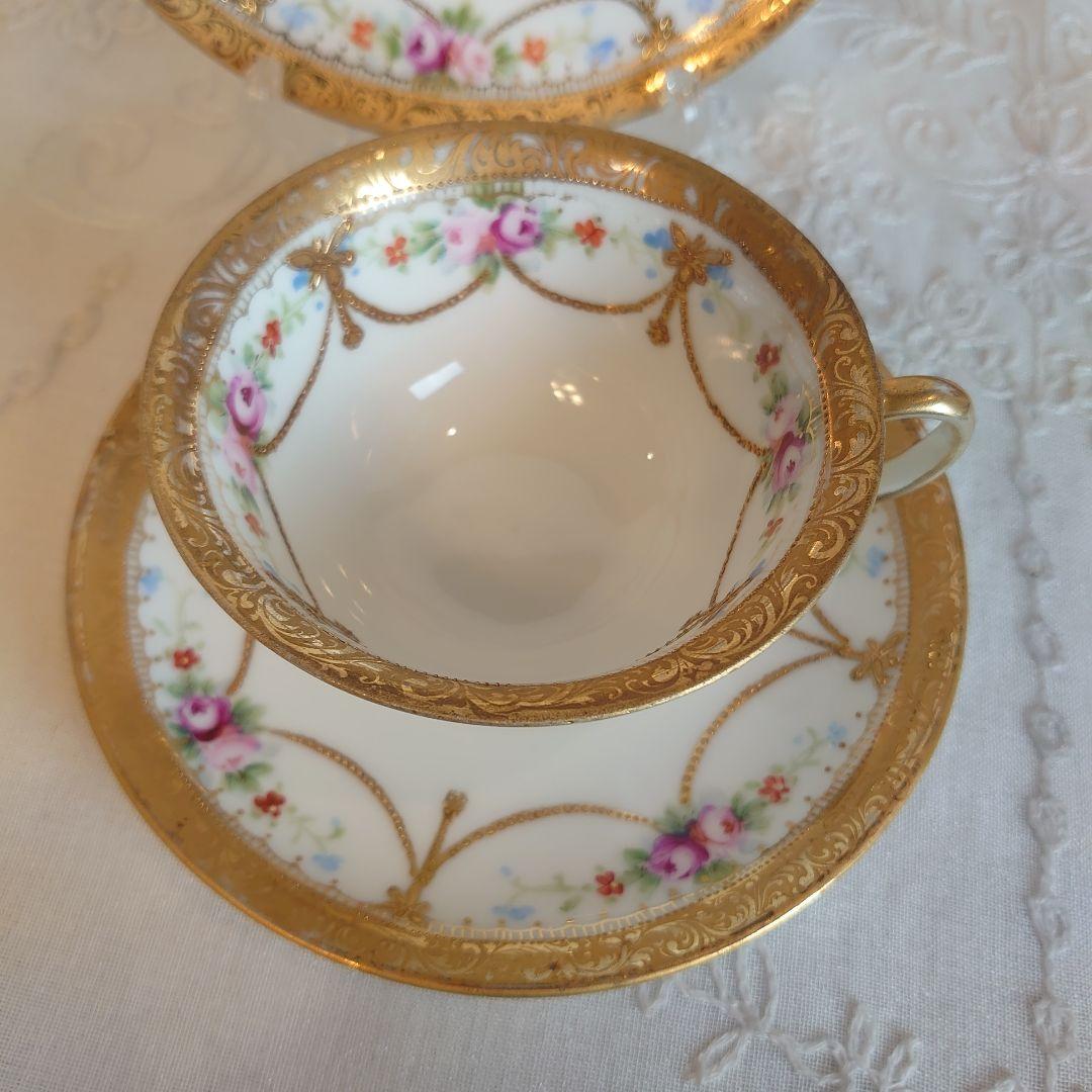 オールドノリタケ　金盛ガーランド薔薇絵図　カップ&ソーサートリオ　ケーキ皿