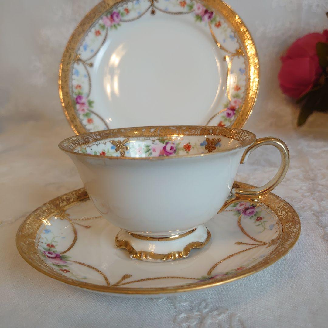 オールドノリタケ　金盛ガーランド薔薇絵図　カップ&ソーサートリオ　ケーキ皿
