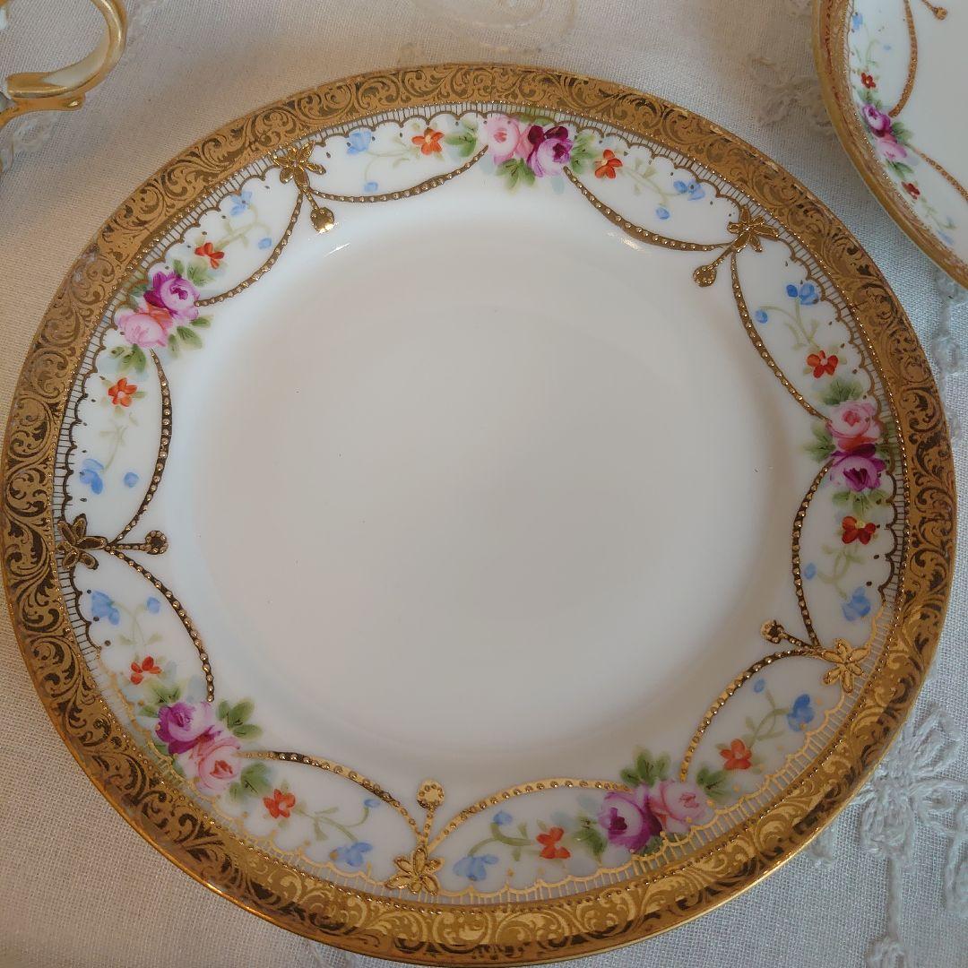 オールドノリタケ　金盛ガーランド薔薇絵図　カップ&ソーサートリオ　ケーキ皿
