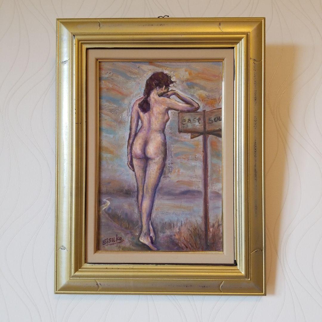 油絵　絵画　題名《岐路》道しるべ　裸婦　P 6 サイズ　2000年製作