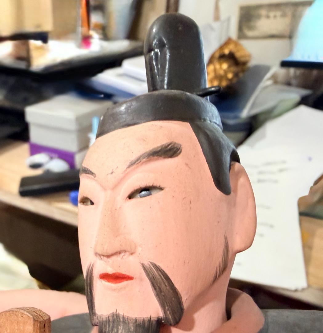 時代年代物 木彫 彩色 玉眼 天神像 天神様 菅原道真公 学問 書道誠実の神共箱