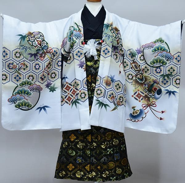 七五三 五歳 男児 羽織袴フルセット L寸 白地 鷹 袴変更可能 NO38722