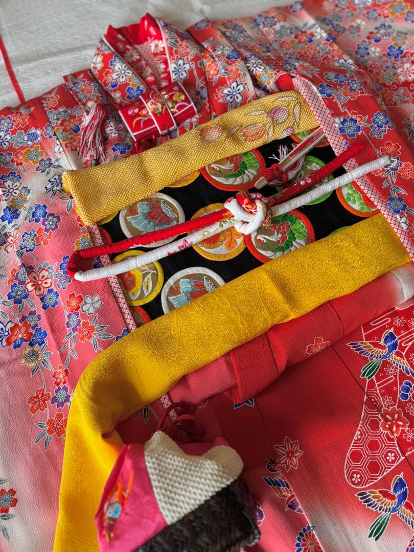 七五三に★逸品　正絹紅型小鳥と吉祥文　七歳着物、帯のセット