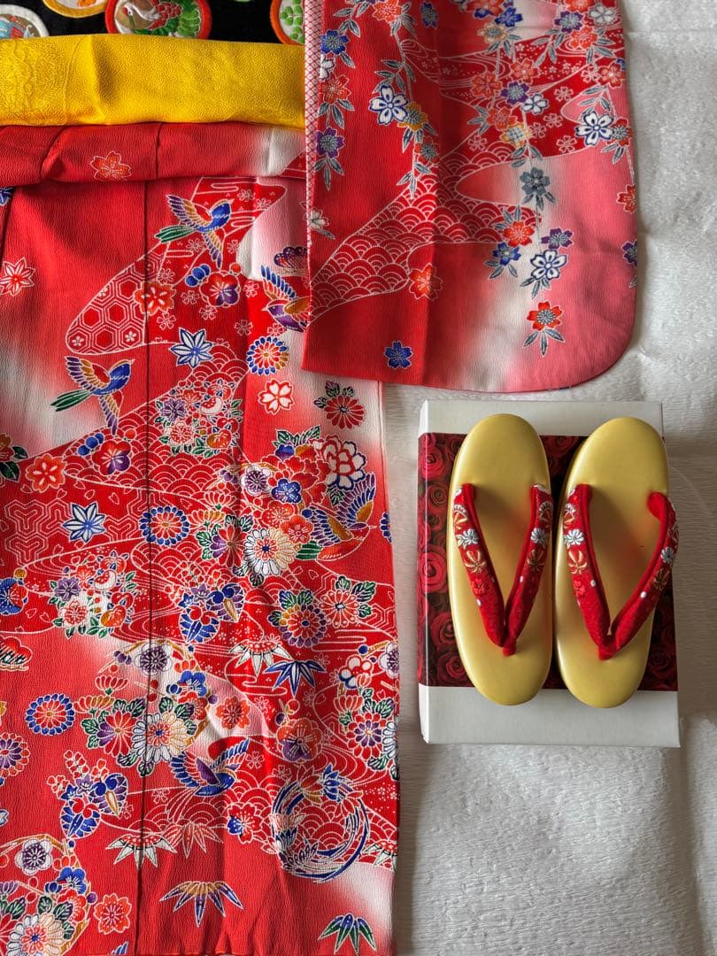 七五三に★逸品　正絹紅型小鳥と吉祥文　七歳着物、帯のセット