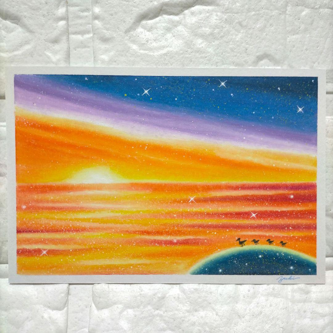 カルガモ親子と海の夕日 風景画 オイルパステル画 原画 ハガキサイズ