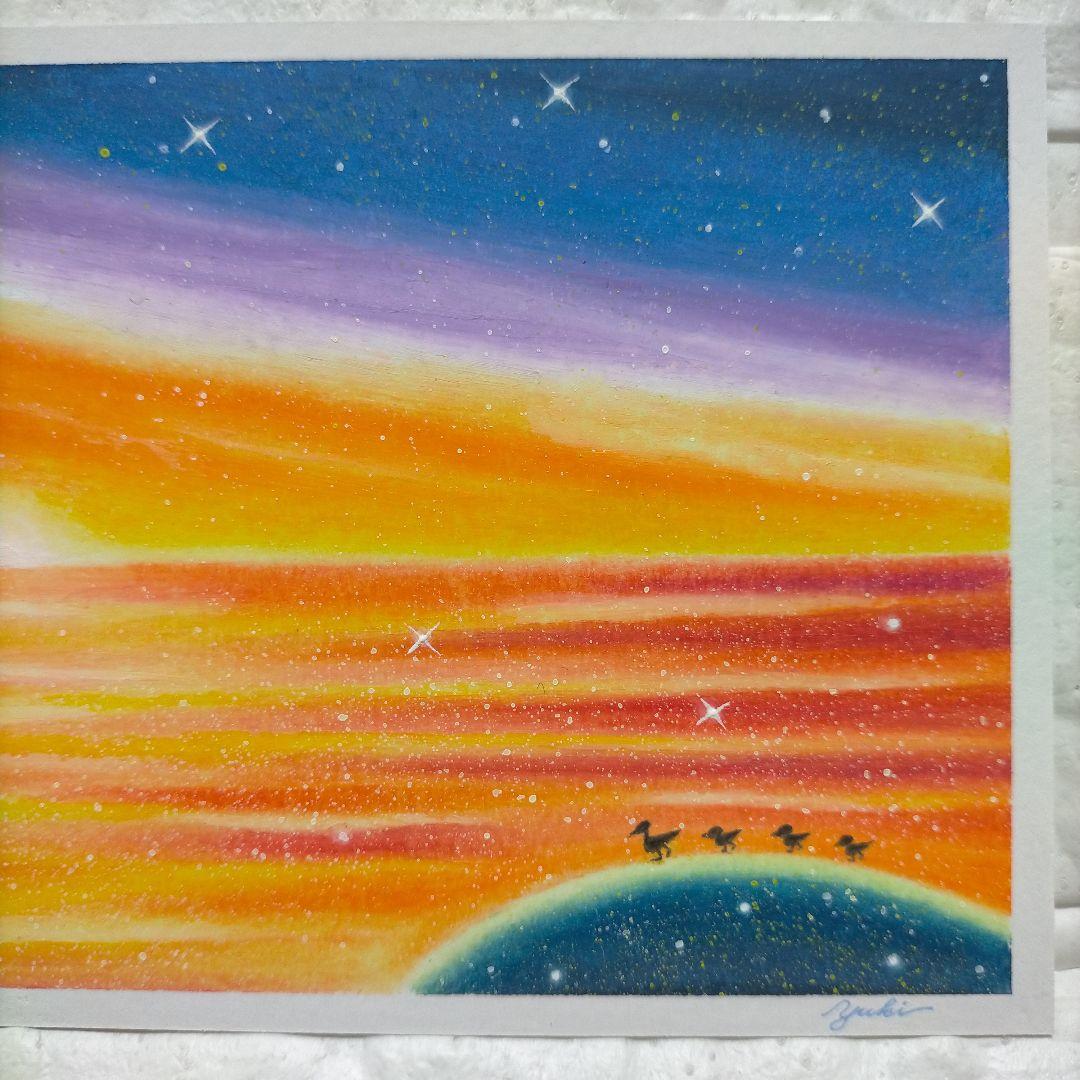 カルガモ親子と海の夕日 風景画 オイルパステル画 原画 ハガキサイズ