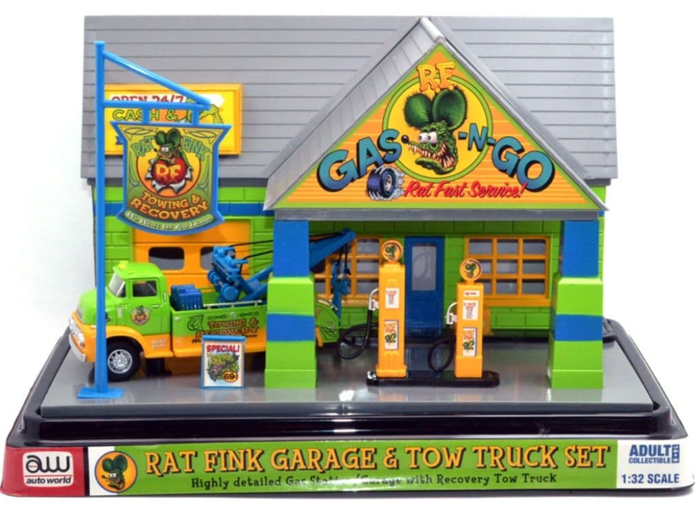 オートワールド 1:32 ラットフィンク・ガレージ　ウィズ　トゥトラック　セット