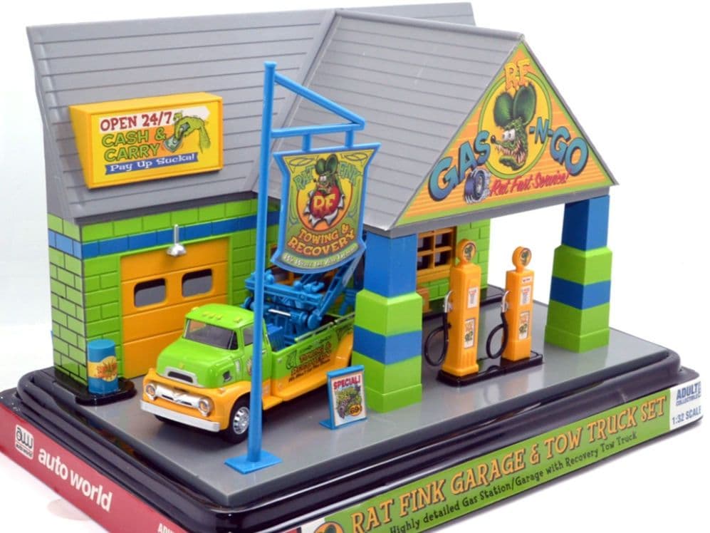 オートワールド 1:32 ラットフィンク・ガレージ　ウィズ　トゥトラック　セット